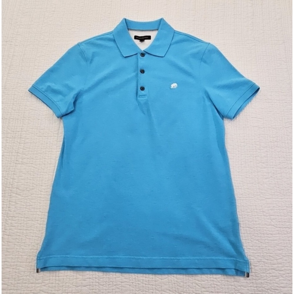 Banana Republic Mens Medium Elephant Logo Blue Pique Short Sleeve Polo Shirt EUC